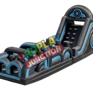Dual-lane inflatable obstacle course in futuristic grey and blue design with climbing wall and crawl-through arches