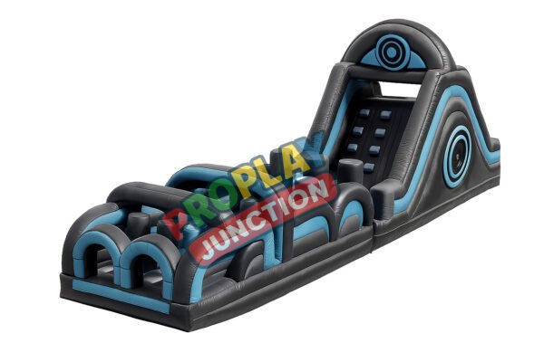 Dual-lane inflatable obstacle course in futuristic grey and blue design with climbing wall and crawl-through arches