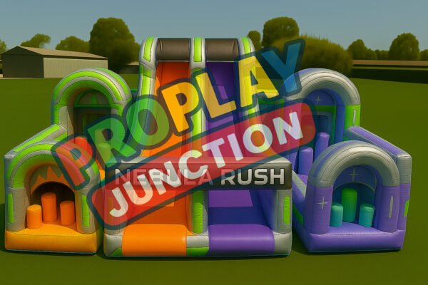 Colourful inflatable obstacle course with twin lane slide, crawl tunnels and futuristic arches in purple, orange and green