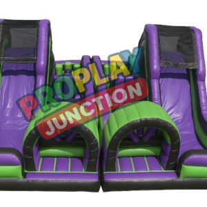 Dual-lane inflatable obstacle course with green and purple slides and arched entrances