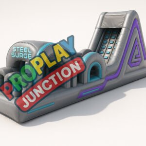 Inflatable obstacle course in silver grey with purple and teal accents, tunnel entry and climbing slide