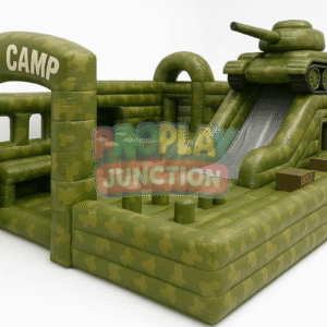 Military-themed inflatable obstacle course with green camo tank slide, tunnels and pop-up pylons for children