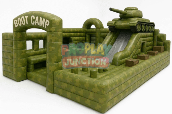 Military-themed inflatable obstacle course with green camo tank slide, tunnels and pop-up pylons for children