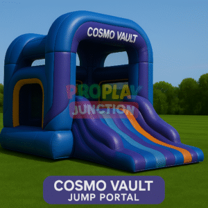 Futuristic inflatable bounce house with triple-lane slide in bold blue and purple colors set on a green field