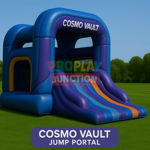 Futuristic inflatable bounce house with triple-lane slide in bold blue and purple colors set on a green field