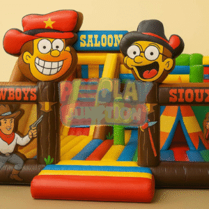 Inflatable obstacle course with Wild West theme, cowboy and Sioux characters, saloon gate, and cactus decorations