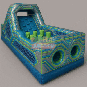 Futuristic inflatable obstacle course with blue and green circuit patterns and dual crawl tunnels