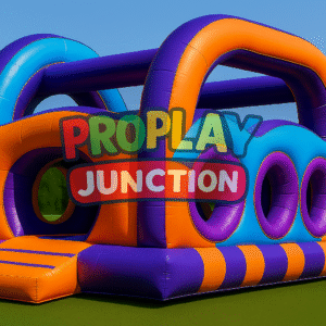Inflatable bounce house with circular crawl rings and bright purple, orange, and blue design on a grass field