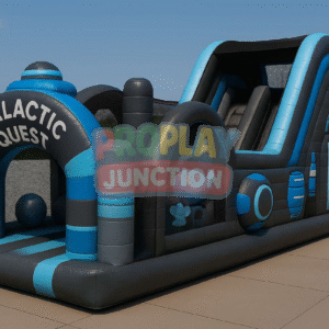 Space-themed inflatable obstacle course with futuristic dome, crawl tunnel, barrels, and steep slide for kids
