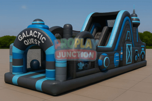 Space-themed inflatable obstacle course with futuristic dome, crawl tunnel, barrels, and steep slide for kids