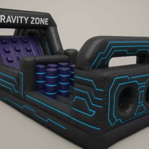 Futuristic inflatable obstacle course with dual tunnel entry, vertical barrels and climbing ramp for kids