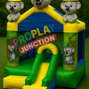 Inflatable bounce house combo with 3D koalas, yellow hats, and built-in slide on green lawn