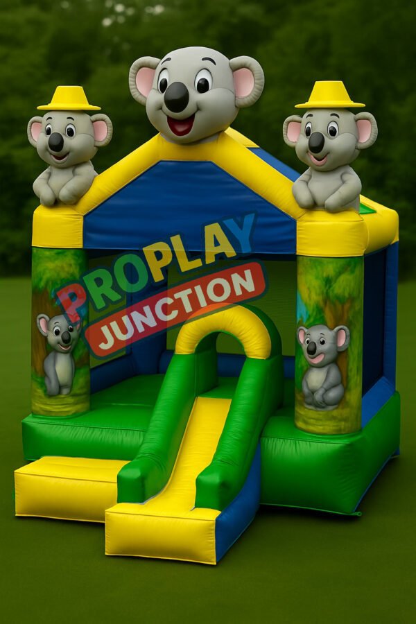 Inflatable bounce house combo with 3D koalas, yellow hats, and built-in slide on green lawn