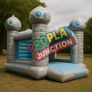 Inflatable lunar-themed bounce house with grey dome and crater design for space-themed kids’ parties