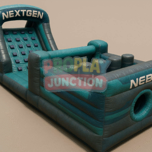 Futuristic inflatable obstacle course with dual crawl tunnels, upright balance cylinders and angled sidewalls in teal colour