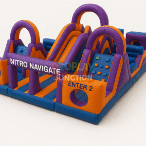 Symmetrical inflatable obstacle course with purple and orange slides, crawl tunnels, and barrel obstacles for kids’ events