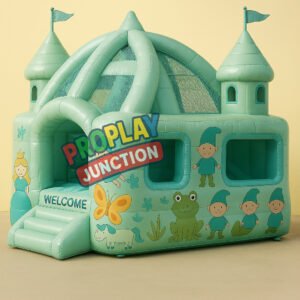 Pastel green inflatable toddler bounce castle with forest animal graphics and friendly elf characters