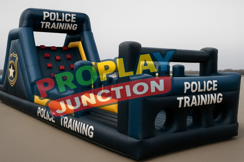 Navy blue inflatable obstacle course with police training theme and dual slide