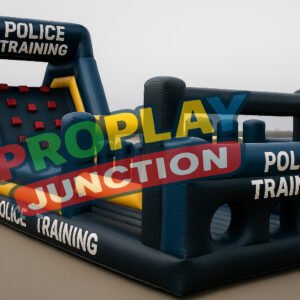 Navy blue inflatable obstacle course with police training theme and dual slide
