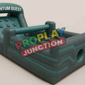 Futuristic inflatable obstacle course with emerald tones and twin entry tunnels