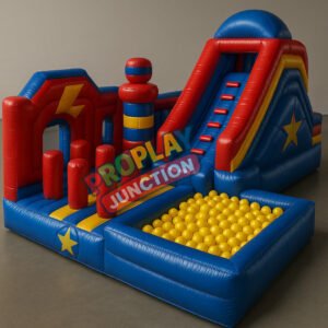 Inflatable bounce house with slide, ball pit and star design from ProPlay Junction, suitable for children aged 3–10