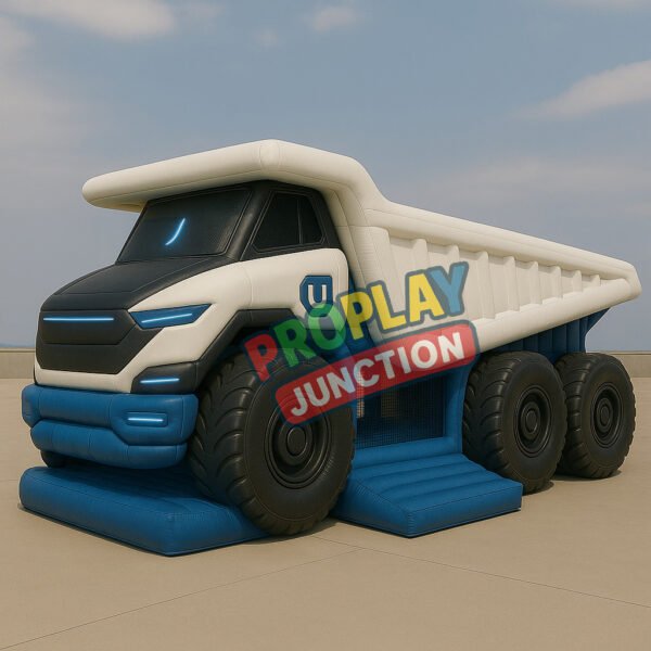 Inflatable bounce house shaped like a giant dump truck with black tires and futuristic styling