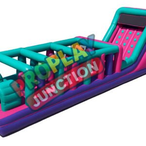 Bright teal and magenta inflatable obstacle course with tunnels and climbing wall for global event rentals