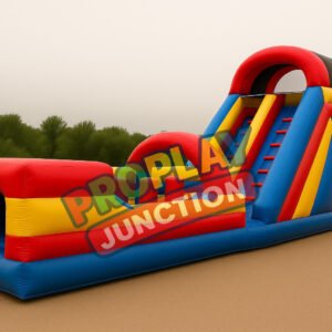 Bright inflatable obstacle course with tunnel entrance and dual-lane slide in red, yellow, and blue colors