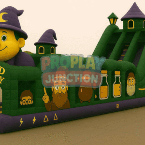 Inflatable obstacle course with wizard figure, spellbook castle roof, potion graphics and double lane slide