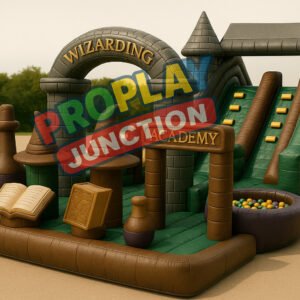 Wizard-themed inflatable bounce house with castle towers, potion bottles, ball pit, and dual-lane climbing slide