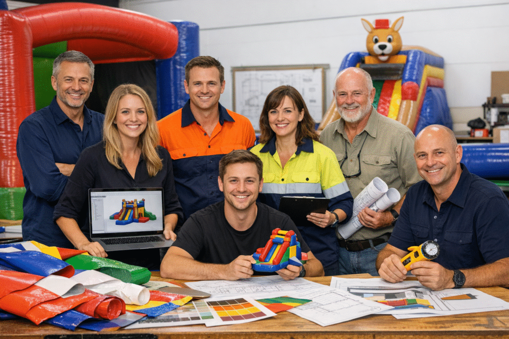 ProPlay Junction inflatable design think tank in Melbourne, featuring structural engineers and designers reviewing 3D CAD models, blueprints, and 18oz Plato PVC material samples for ASTM compliance.