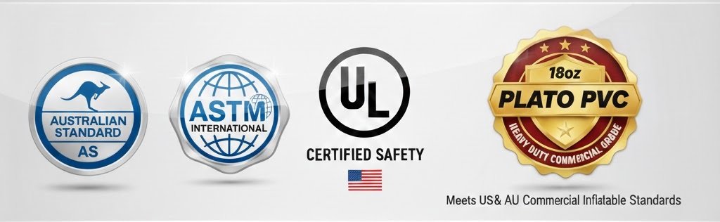 Commercial inflatable safety standards ribbon featuring Australian Standard AS, ASTM International, UL Certified, and 18oz Plato PVC seals for US and AU markets.